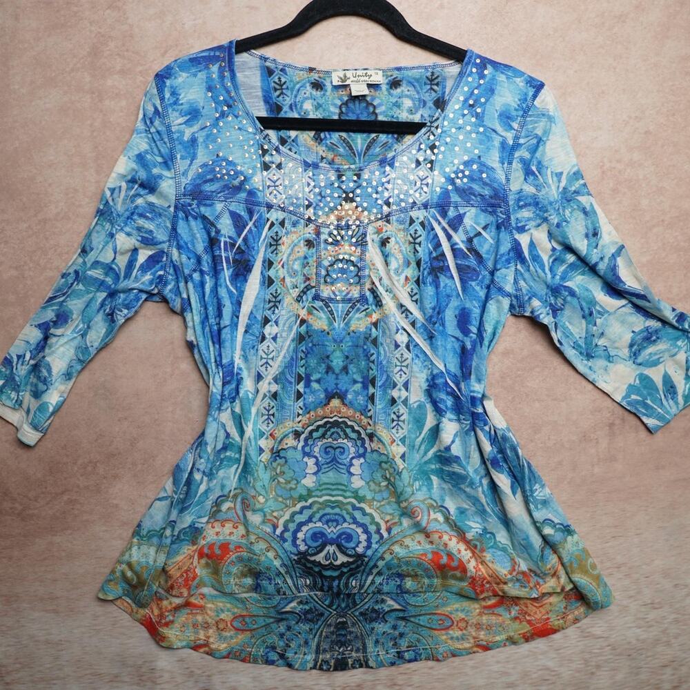 Unity Blue Boho Embellished Tunic Top 1X